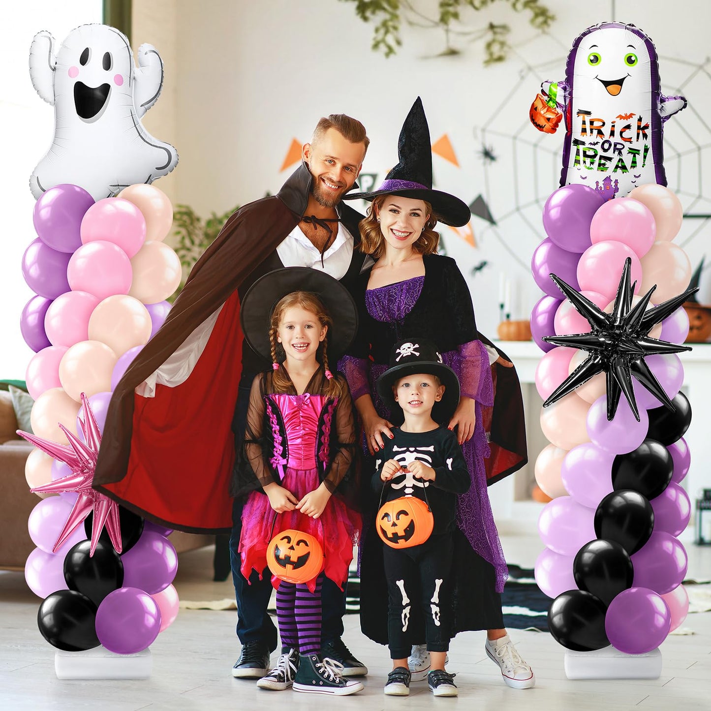 Kasyat 2 Sets Pink Purple Halloween Balloon Column Stand Kit Purple Pink and Black Arch Garland Kit with Cute Ghost Explosion Star Foil Balloons for Spooky Birthday Party Halloween Party Decoration