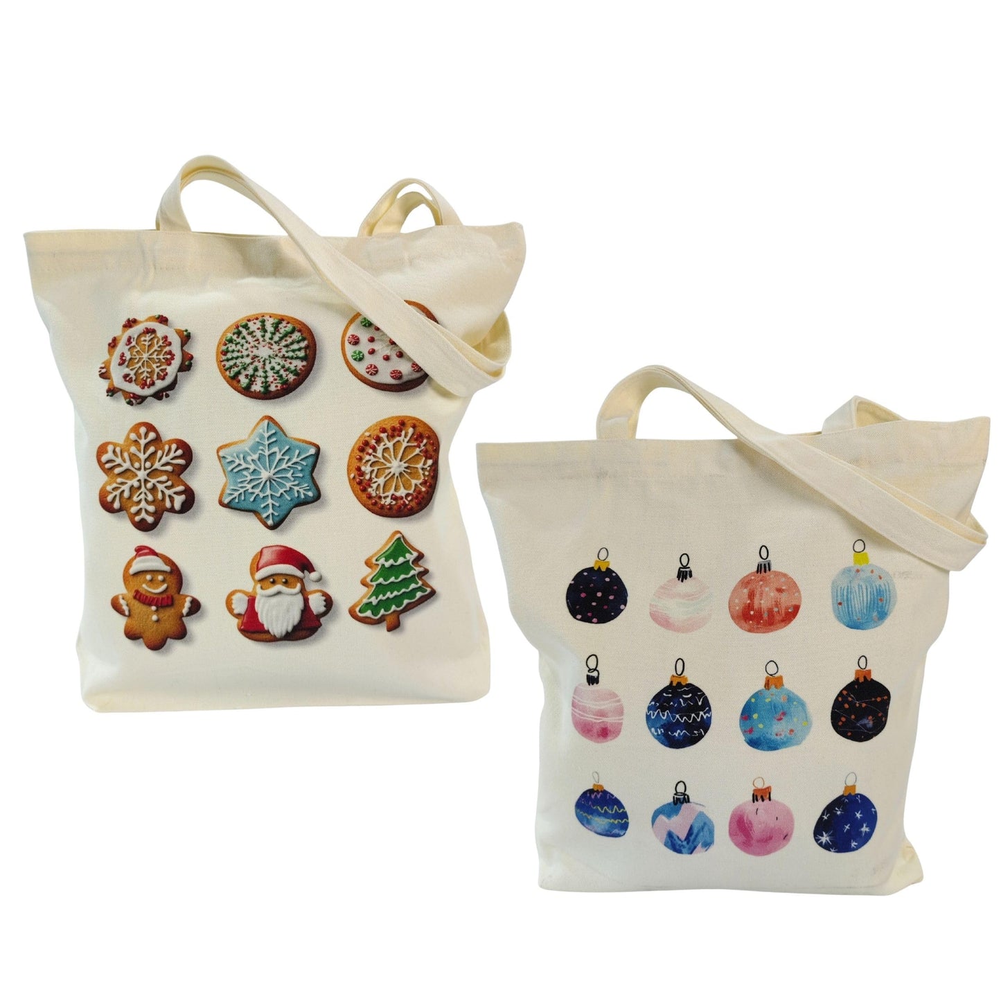 Zenloria Christmas Canvas Tote Bags – 2 Pack Holiday Cotton Totes 15x16, Cookie & Ornament Designs, Reusable Gift & Shopping Bags