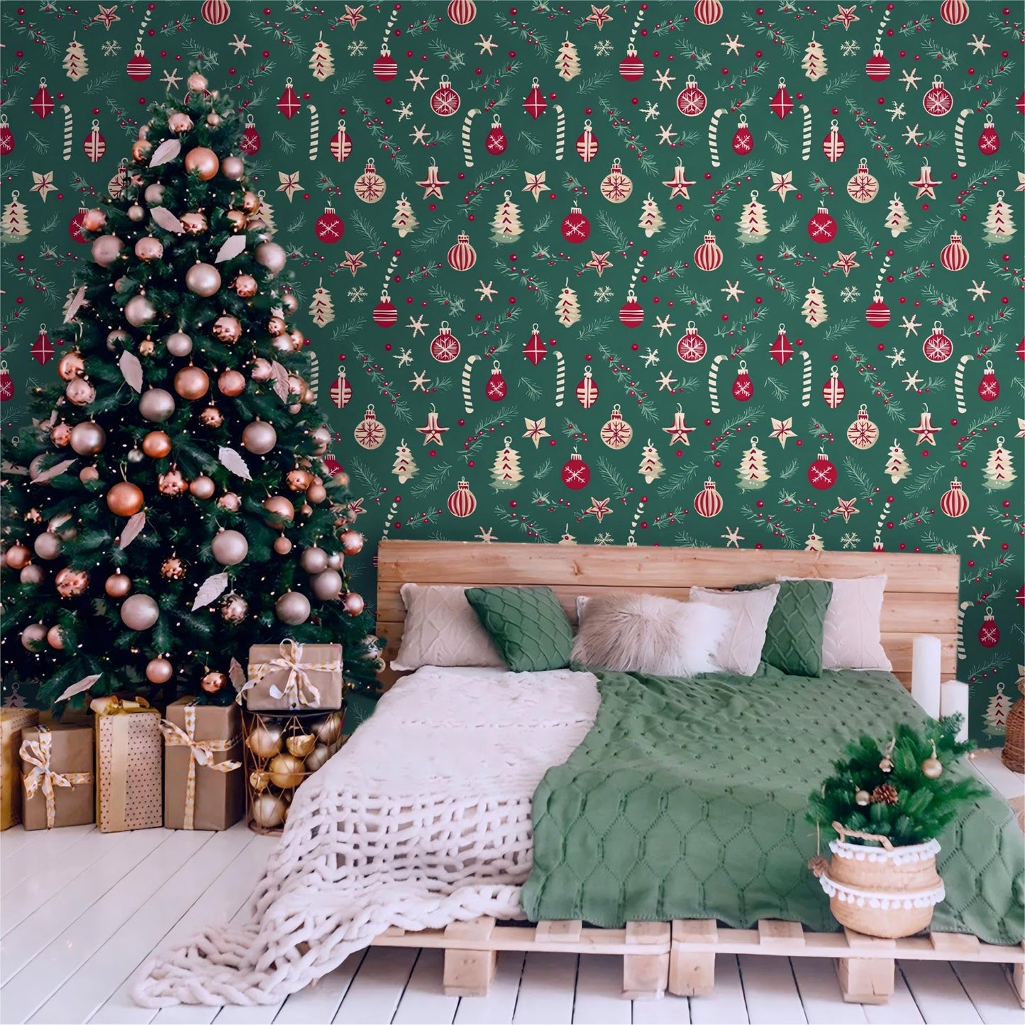 Peel and Stick Wallpaper Christmas Trees, Ornaments & Candy Canes Contact Paper Holiday Removable Self Adhesive Vinyl Christmas Decor Wall Paper for Living Room Kitchen Bedroom 17" x 196.8"