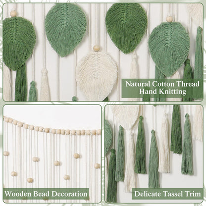 Betylifoy Large Macrame Wall Hanging Boho Handmade Woven Tapestry with Wood Beads Beige Green Chic Leaf Feather Boho Wall Art Decor Macrame Tapestry Wall Decor for Bedroom Living Room Nursery Apartment 51.2"W X 31.5"L