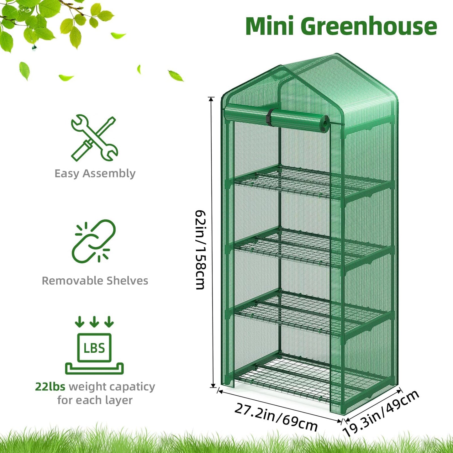Superlele 4-Tier Mini Greenhouse for Indoor Outdoor, 19.3x27.2x62in Vertical Plant Green House with Adjustable Shelves, Reinforced Green PE Mesh Cover and Zippered Door, Heavy Duty Steel Frame