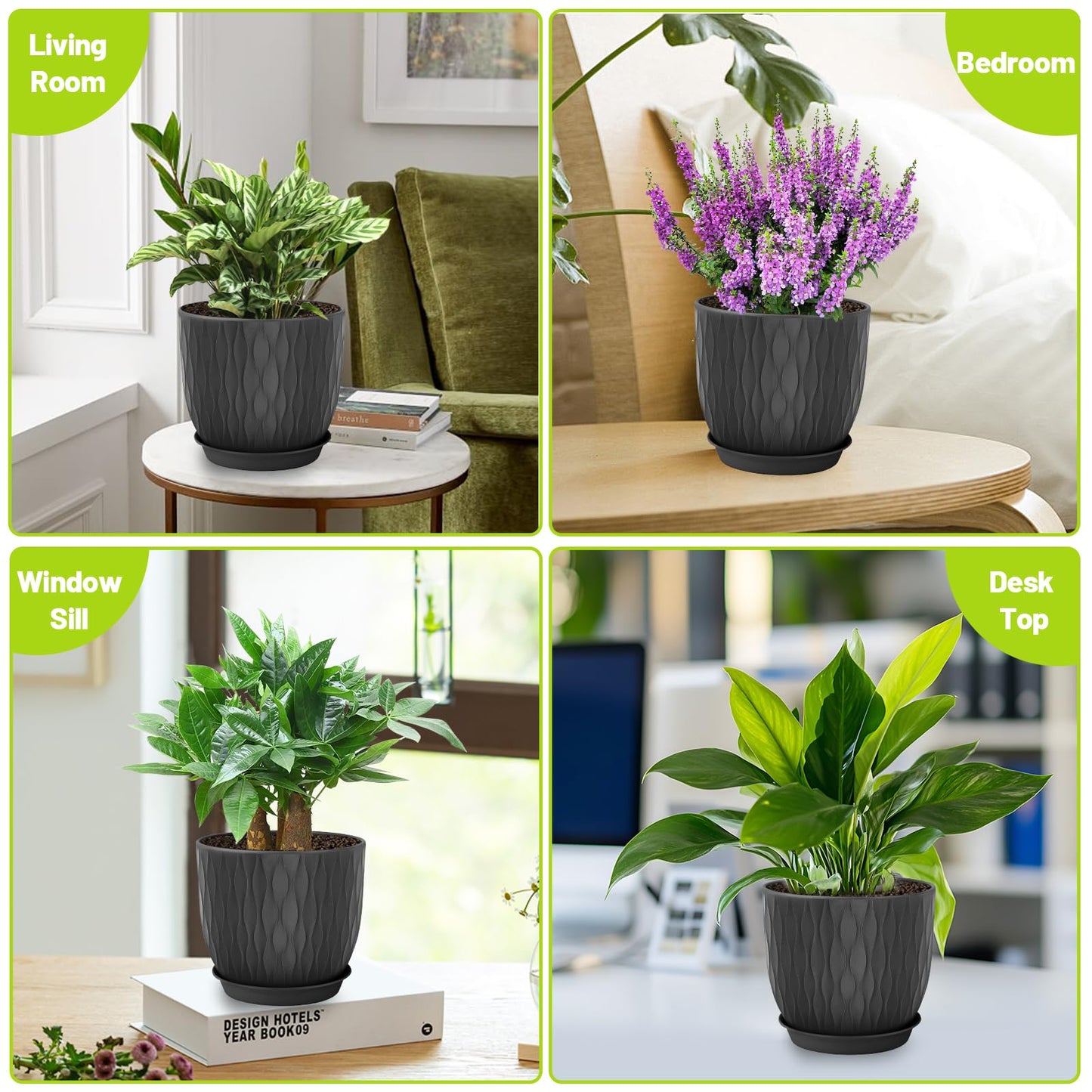 LESOASIS Plastic Plant Pots 10/9/8/7.5/7 inch Set of 5, Flower Planters with Drainage Holes and Saucers, Plastic Pots for Indoor Outdoor Plants, Livingroom Garden Decor (Black)