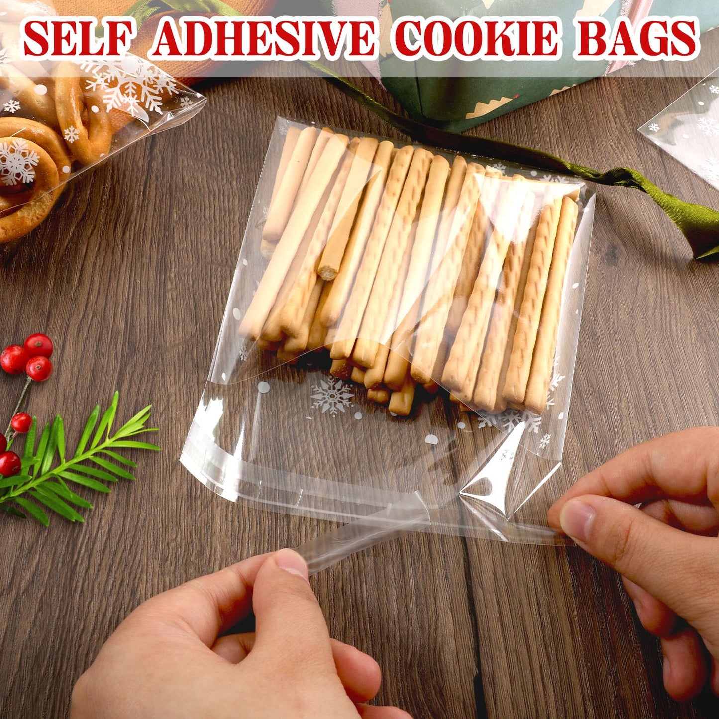 CUDICY Christmas Cookie Bags 200pcs Snowflake Cellophane Treat Bags 5.5x5.5 Self Adhesive Cookie Bag for Gift Giving Packaging Candy Goodie Holiday Homemade Bakery