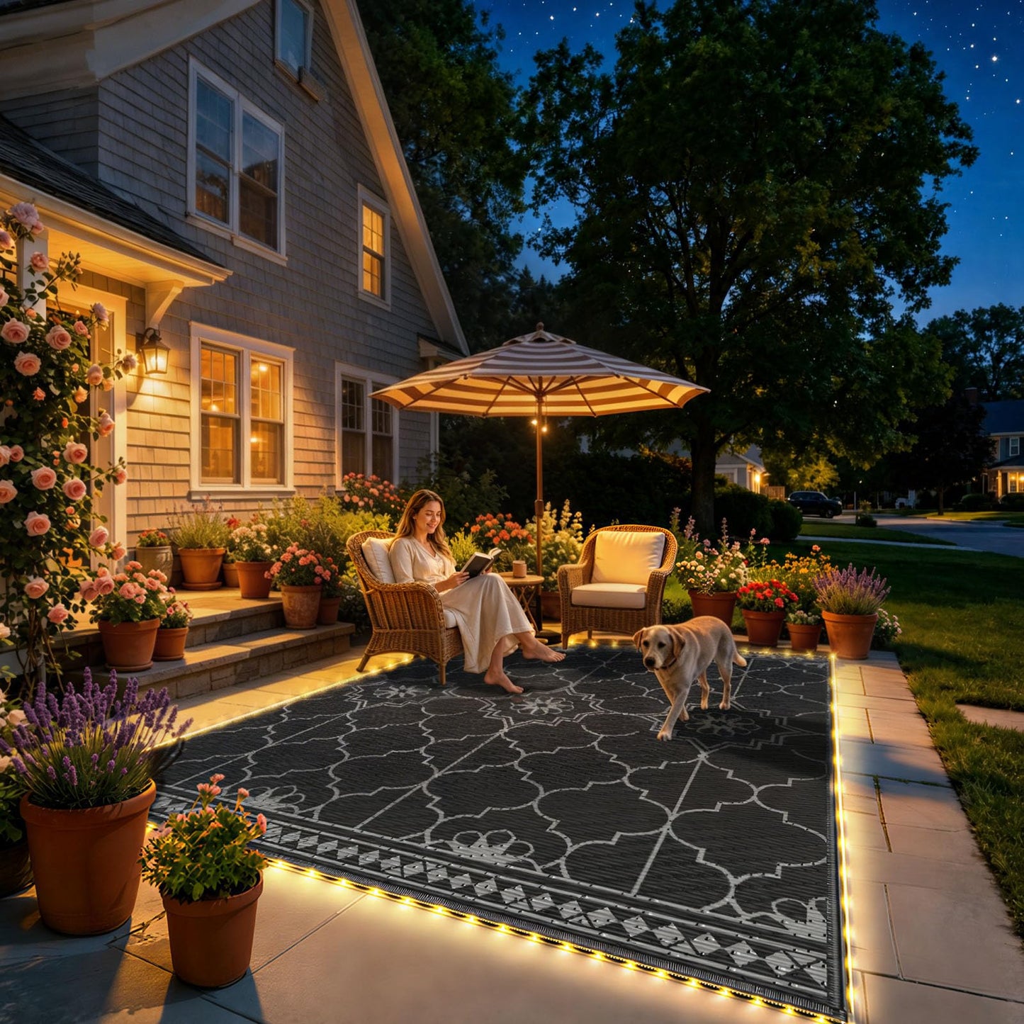 9x12Ft Outdoor Rug, Solar Powered Outdoor Rug with 131LEDs Strip Lights for House Deck, Waterproof Plastic Reversible Outdoor Straw Rugs, Rugs Mat RV Camping Patio Beach Balcony Picnic (Black Gray)