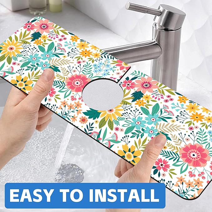 Colorful Floral Leaves Berries Kitchen Sink Splash Guard Mat Absorbent Fast