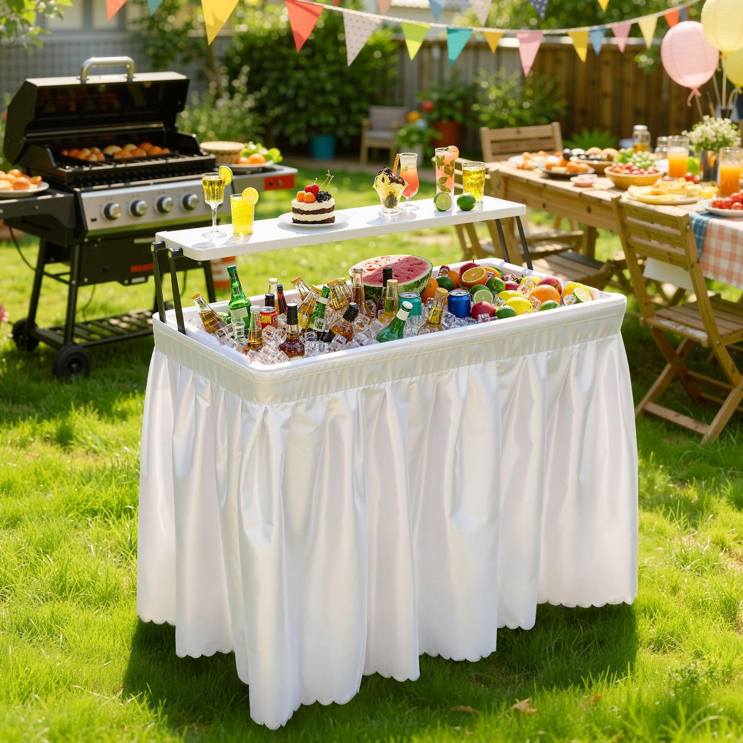 YITAHOME Two-Tier Ice Table, 4FT Folding Ice Cooler Table with Drain and Detachable Skirt, Portable Ice Table for Parties, Picnics, Camping, Weddings, BBQs
