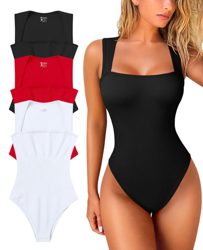 OQQ Women's 3 Piece Bodysuits Sexy Ribbed Strappy Square Neck Sleeveless Tummy Control Tank Tops Bodysuits Black Red White