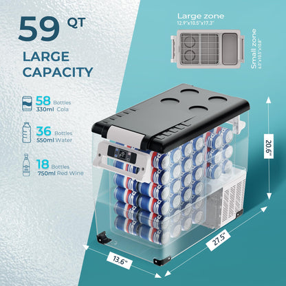 EUHOMY 12 Volt Refrigerator, 59QT(55L) Electric Cooler, 12V Fridge APP Control, 12V Cooler -4℉~68℉, Portable Freezer 12/24V DC 100-240V AC for Camping, Travel, Truck, Home