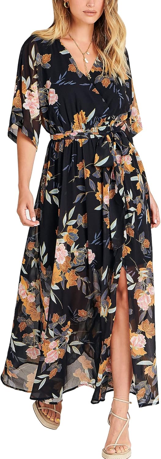 ANRABESS Womens 1/2 Sleeve Beach Wedding Guest Maxi Dresses 2025 Fall Wrap V Neck Boho Floral Flowy Slit Long Summer Dresses