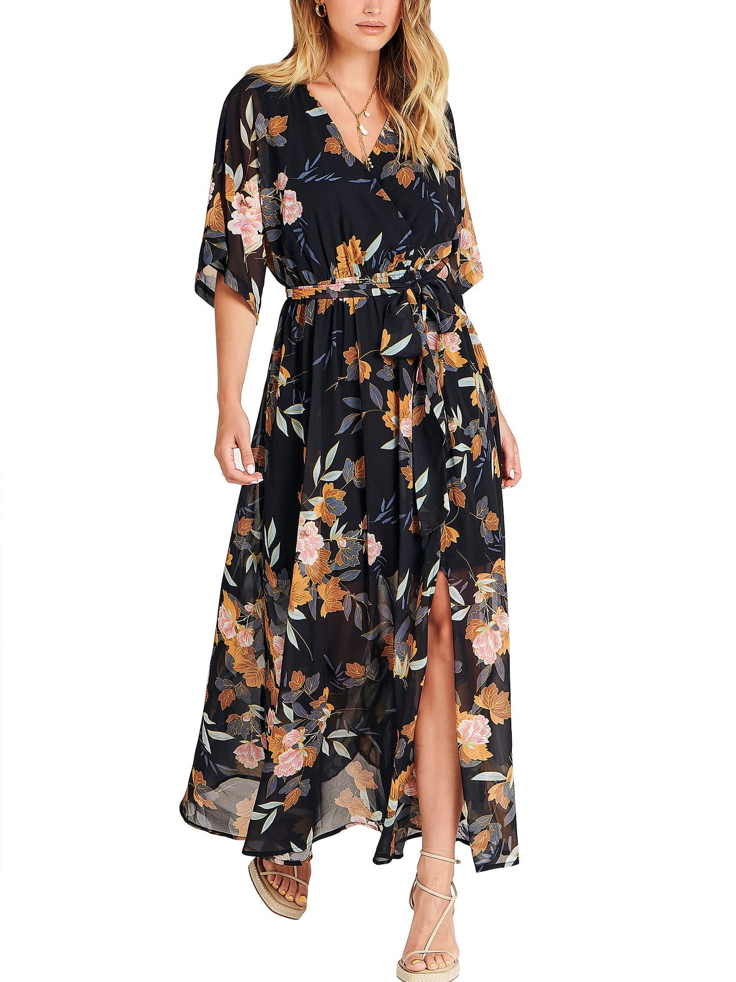 ANRABESS Womens 1/2 Sleeve Beach Wedding Guest Maxi Dresses 2025 Fall Wrap V Neck Boho Floral Flowy Slit Long Summer Dresses