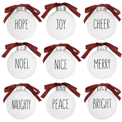 Buffalo Plaid Christmas Tree Ornaments - Set of 9 Shatterproof Bulbs - Farmhouse Word Ornaments - Compatible with Rae Dunn Rustic Decorations - Matte White Bulbs with Red & Black Buffalo Check Bows