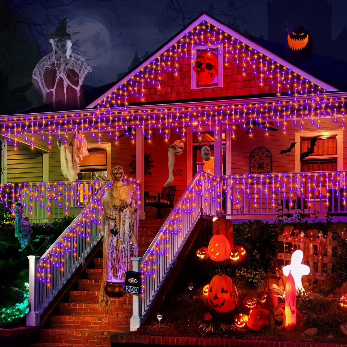 KNONEW Orange Purple Halloween Lights 33FT 400 LED String Lights Outdoor with 75 Drops, 8 Lighting Modes, Timer Memory Function Connectable Hanging Curtain Lights for Halloween Party Decor