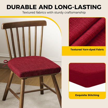 downluxe Indoor Chair Cushions for Dining Chairs, Soft and Comfortable Textured Foam Kitchen Chair Pads with Ties and Non-Slip Backing, 16" x 16" x 2", Red, 4 Pack