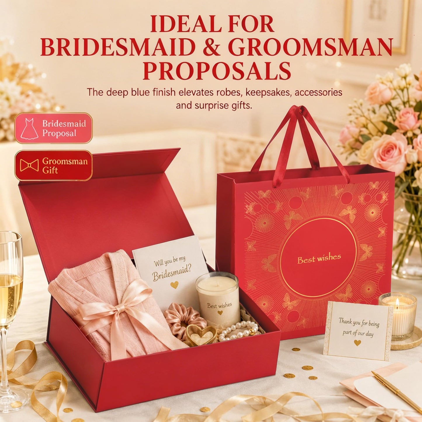 Amalee Gift Box with Lid 12x12x4 Inches, Large Red Magnetic Box Set with Gift Bag, Card, Ribbon & Tissue Paper, No Glue Needed Packaging for Bridesmaid Proposal, Wedding, Birthday Party