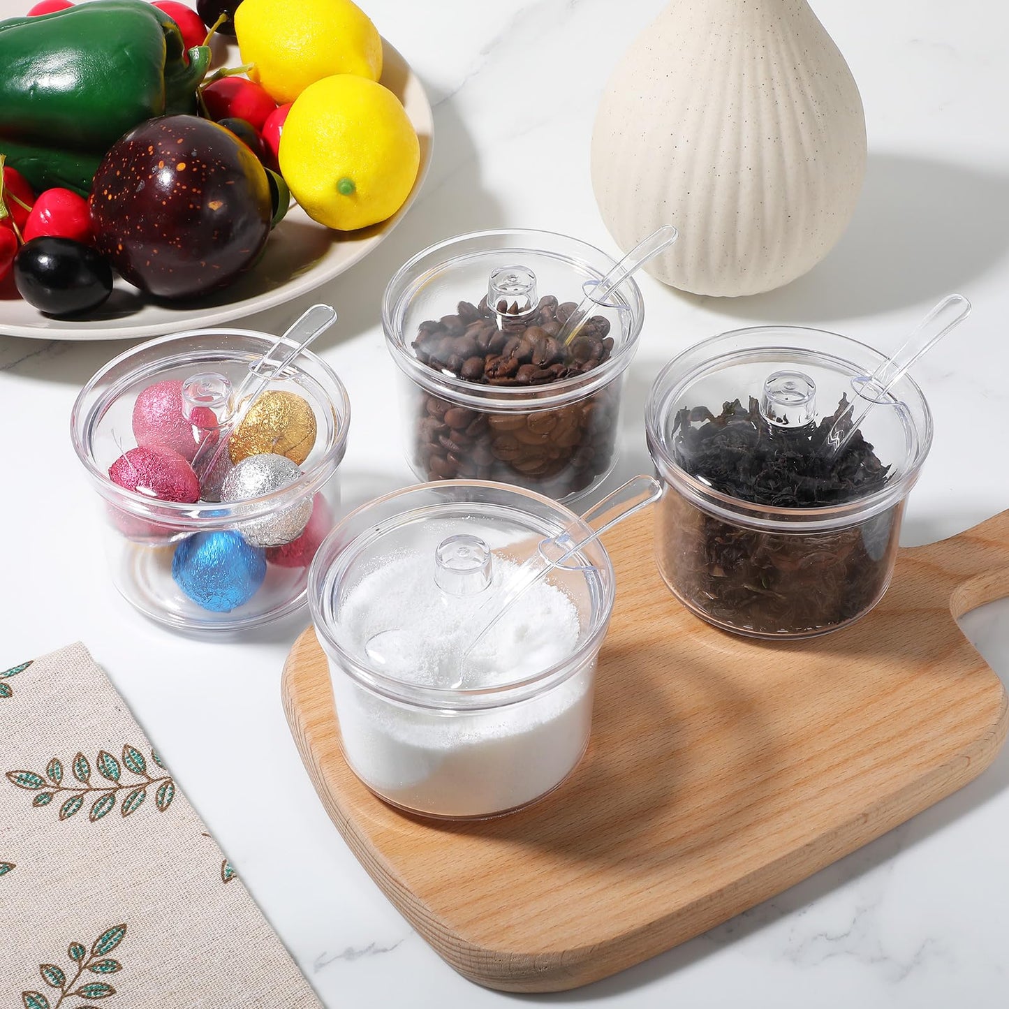 Dimeho 8 Pcs Clear Sugar Bowls Acrylic Salt Storage Jar with Lid and Spoon Organizer Condiment Holder Bottle Case for Kitchen Tea Spices Seasoning Restaurants Cocoa Bar