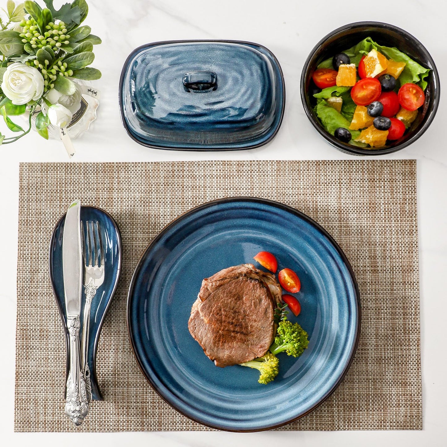 Hasense Butter Dish with Lid and Ceramic Spoon Rest Set for Countertop, 2 Pieces Navy Reactive Glaze Dinnerware Accessories Set Perfect for Home Decor, Kitchen Housewarming Gift, 8.7 Inch