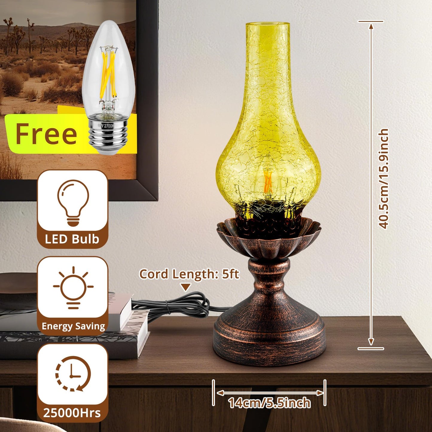 LEDIKON Vintage Table Lamp,Touch Control & 3-Way Dimmable Rustic Retro Farmhouse Bedside Lamp with Amber Glass Shade and LED Bulb for Bedroom, Living Room, Cabin, Office