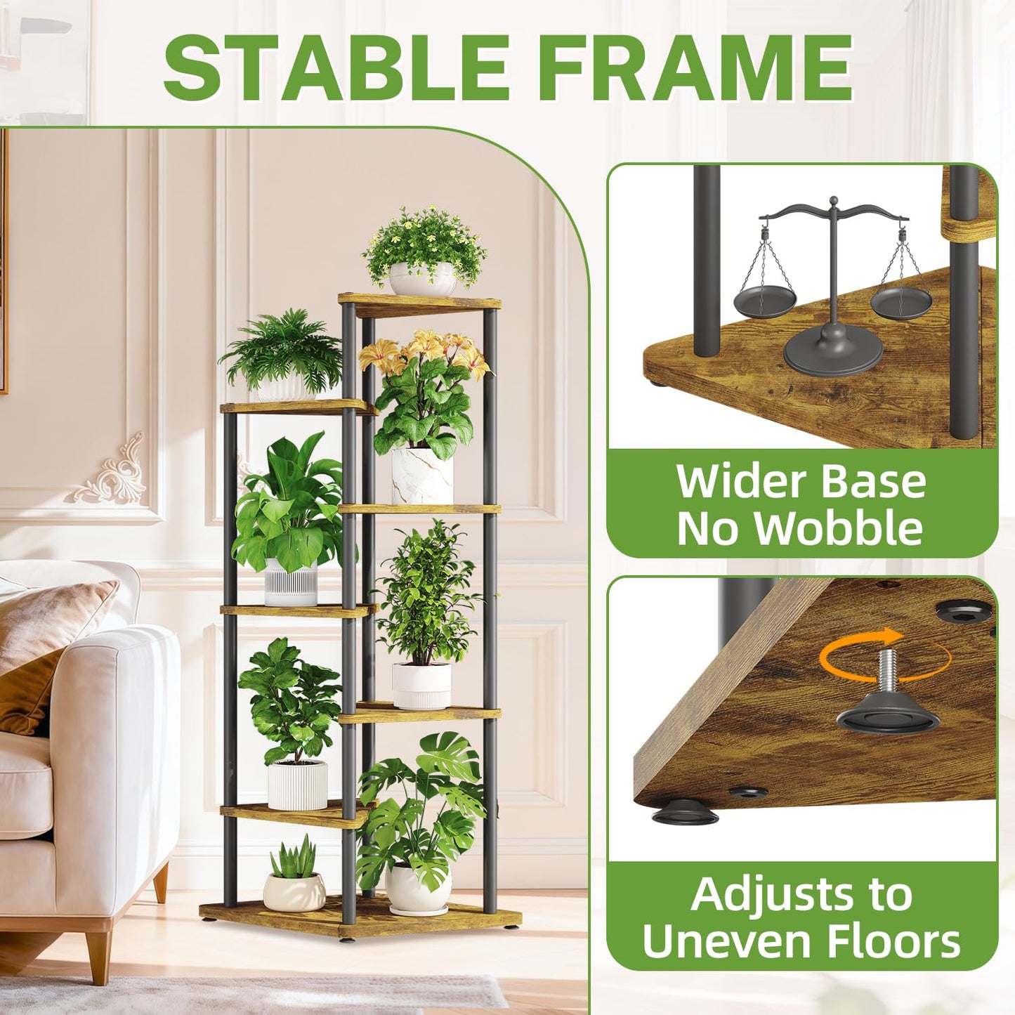 iDavosic.ly Tall Plant Stand Indoor for Large & Heavy Duty Planters, 6 Tier Corner Flower Shelf with Wooden Trays & Metal Frame, 49 Inch Orchid Rack for Living Room Balcony Porch, Black & Brown