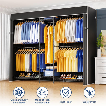 Ulif E12C Pro Heavy Duty Closet Organizer System，Freestanding Clothing Rack, Adjustable Garment Rack 71" W x 16" D x 76.5" H Holds 960 lbs, Black Rack with Black Dustproof Cover