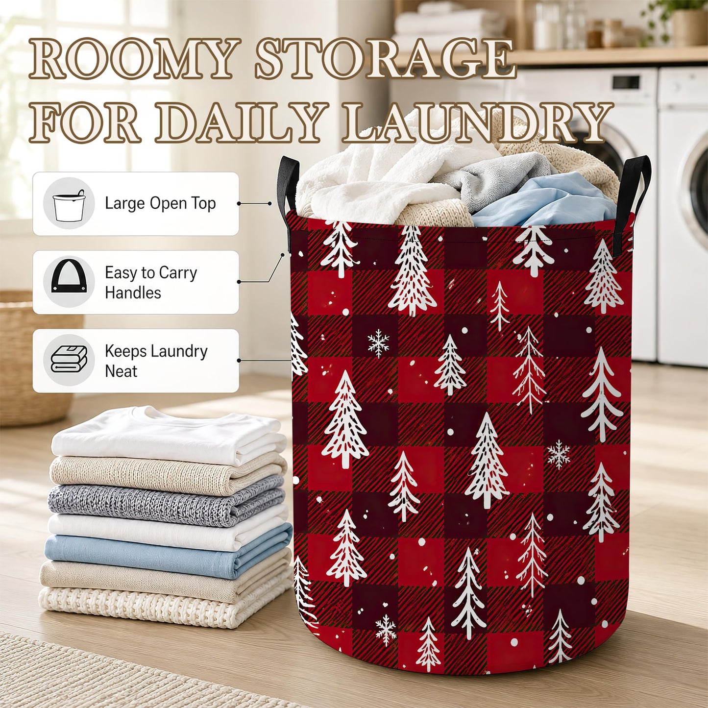 Christmas Tree Laundry Basket, Foldable Oxford Cloth Snowflake Plaid Laundry Hamper with Handles, Tote Bag Clothes Storage Bucket for Laundry Room/Bathroom/Bedroom/Dormitories 20.8"x16"