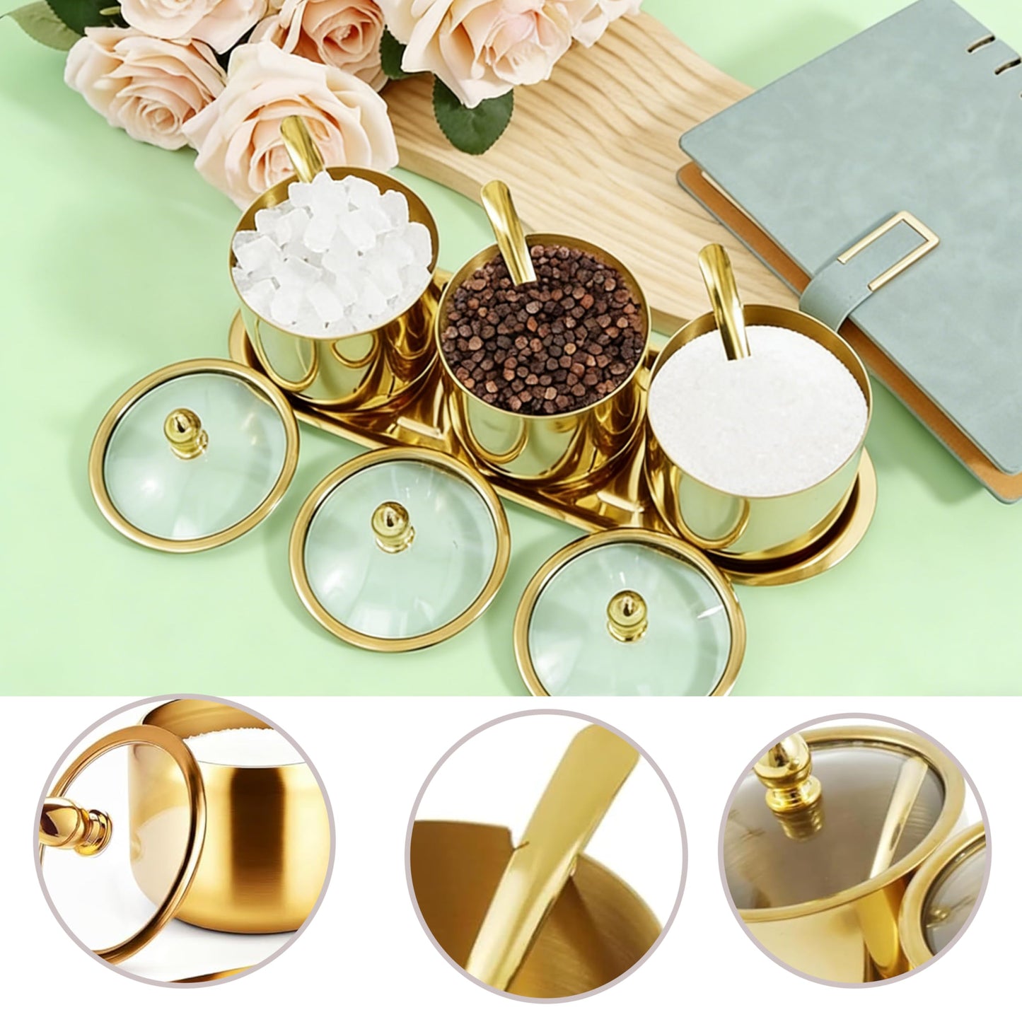 HMDIUM Sugar Bowl Set - 3 Grid Condiment Jars with Glass Lids & Spoon Stainless Steel Canisters with Tray for Sugar, Spice, Salt - Stylish Kitchen Storage Containers
