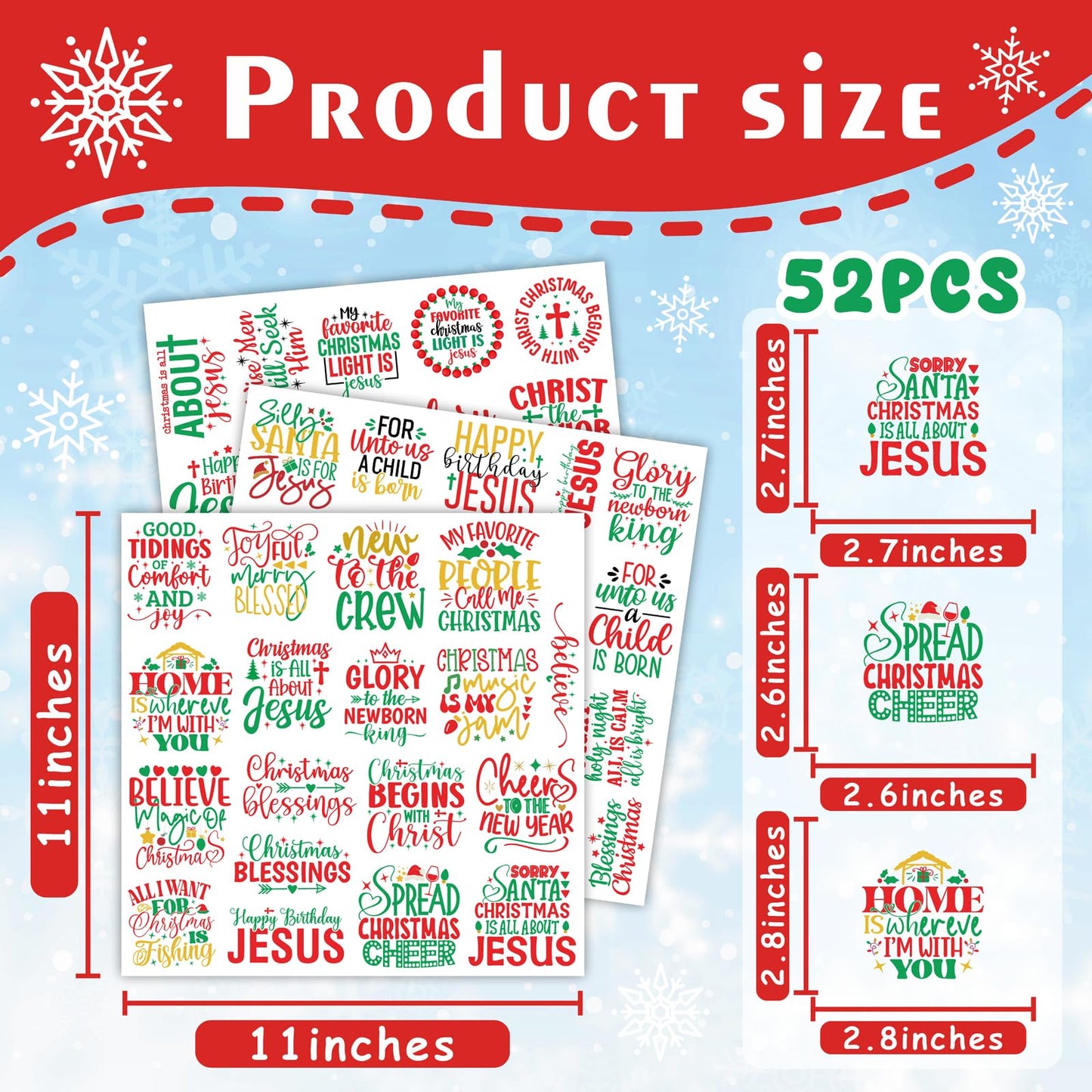 53 PCS Christmas Stickers for Crafts Nativity Decal Red Green Bible Decals Indoor Home Decorations Xmas Eve Vinyl Sticker for Ornaments Jesus Christian Religious Decal for Window Winter Holiday Gift