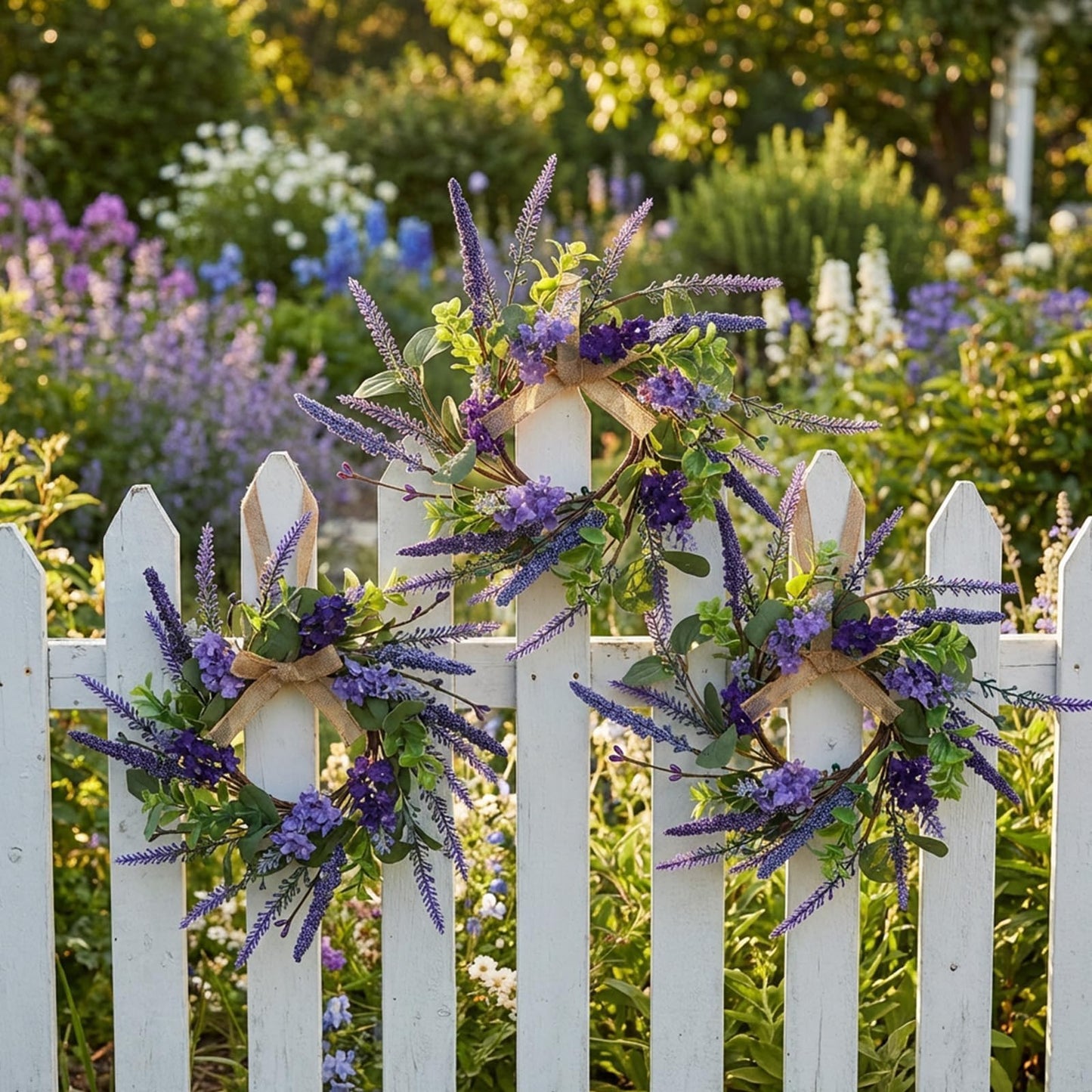 6 Pcs Small Lavender Hanging Wreaths for Cabinets with Violet Hydrangea Flowers and Eucalyptus Leaves Spring Summer Mini Candle Ring Wreath for Home Kitchen Front Door Window Porch Wall Wedding Decor