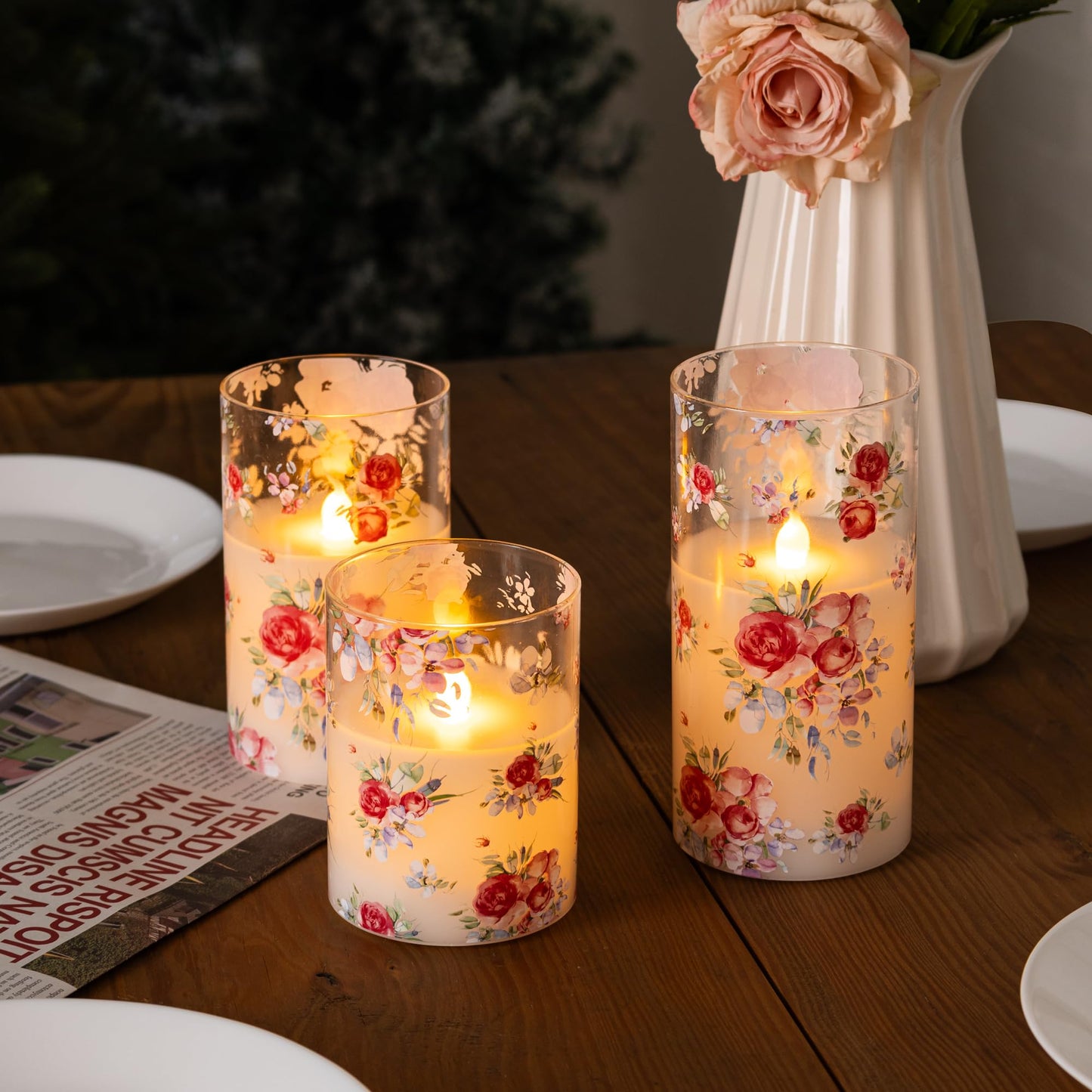 AFINETH Rose Flameless Candles Set of 3 – Glass Battery Operated Candles with Remote, Flickering Floral Flameless Candle for Wedding, Home, Party Gift