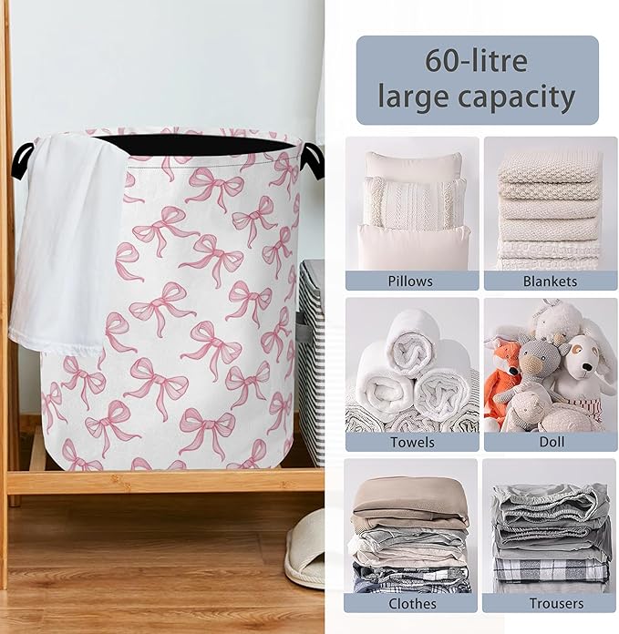 Cute Pink Bow Laundry Basket, Foldable Oxford Cloth Tote Bag Laundry Hamper
