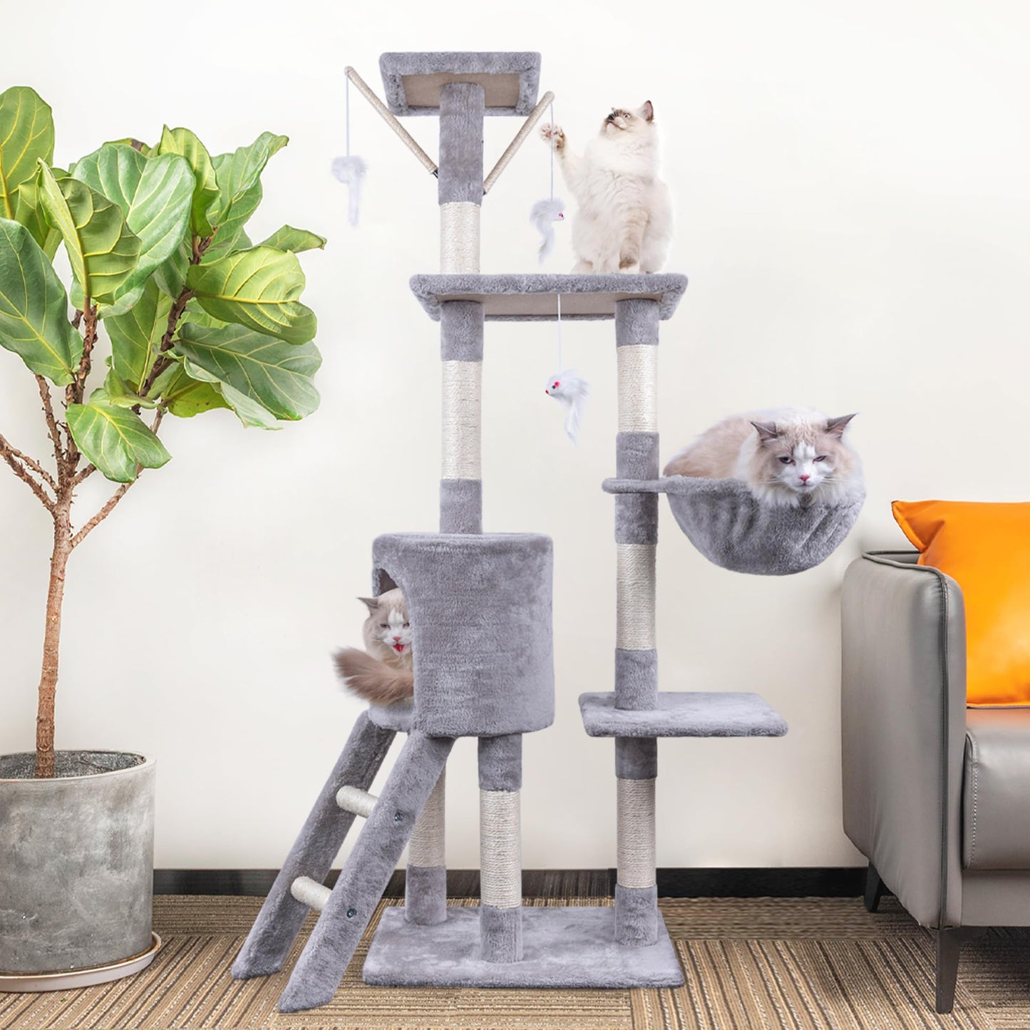 Cat Tree, 145cm Cat Scratching Post Multi-Level Stable Climbing Tower with Ladder, Indoor Pet Activity Furniture Play House for Kitty Kitten