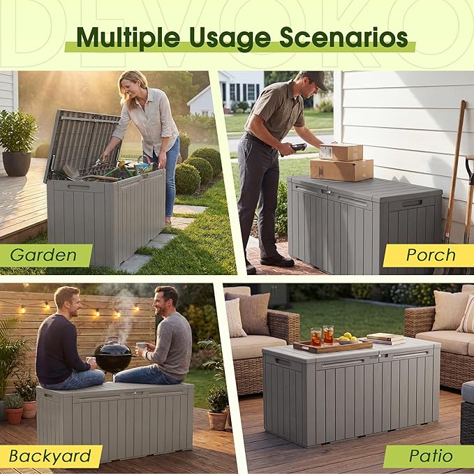 Devoko 100 Gallon Outdoor Storage Box, Waterproof Resin Deck Box for Patio Furniture, Lockable Container for Garden Cushions & Pool Supplies (Light Brown, 100 Gallon)