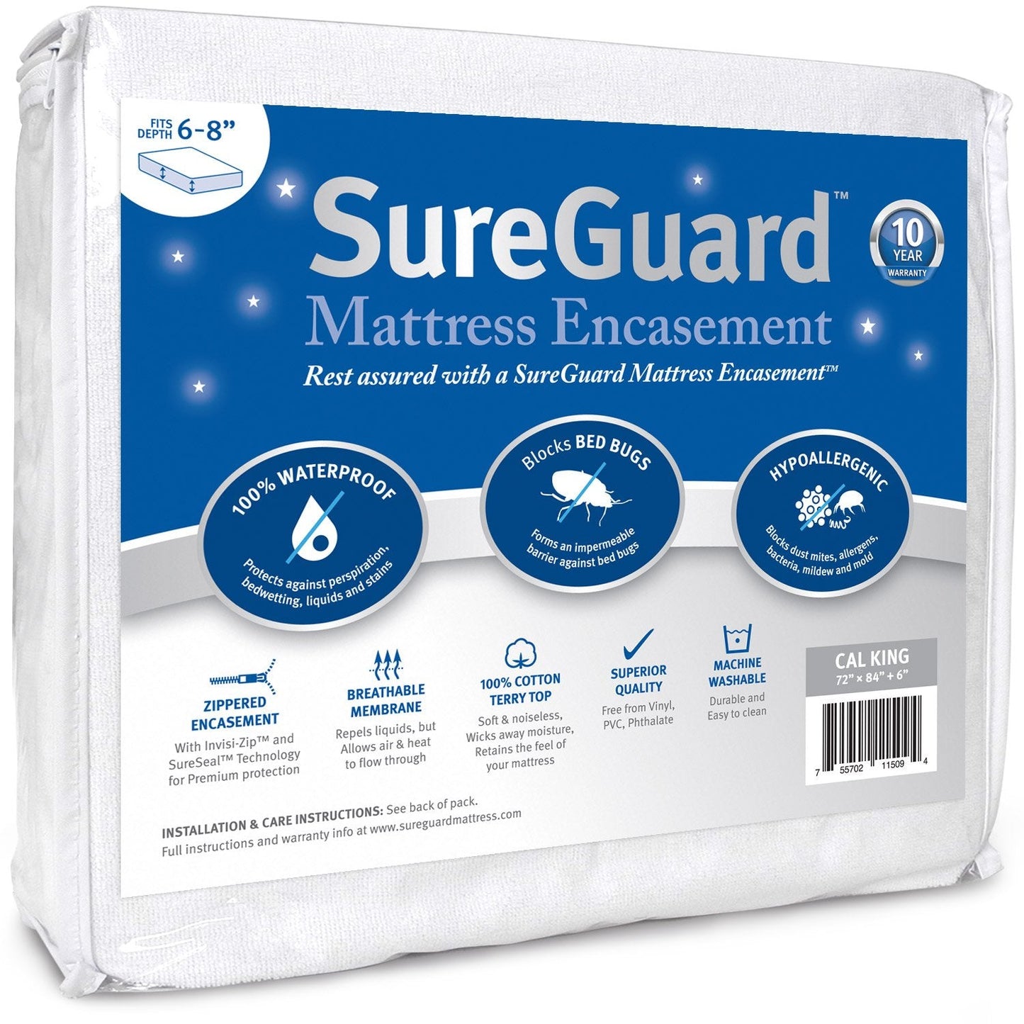 Cal King (6-8 in. Deep) SureGuard Mattress Encasement - 100% Waterproof, Bed Bug Proof, Hypoallergenic - Premium Zippered Six-Sided Cover