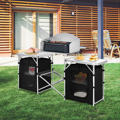 GYMAX Folding Camping Table, Portable Kitchen Table with 2 Zipper Organizer Shelf & Wind Screen, Foldable Cooking Table for Camping Hiking Picnic BBQ (Black)