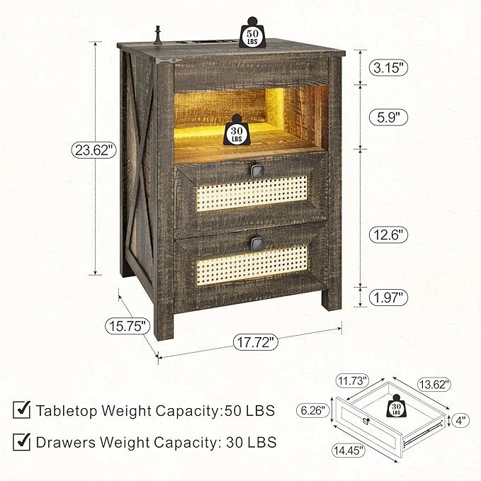 FREDEES Rustic Nightstand with Gun Drawer, End Table with Charging Station