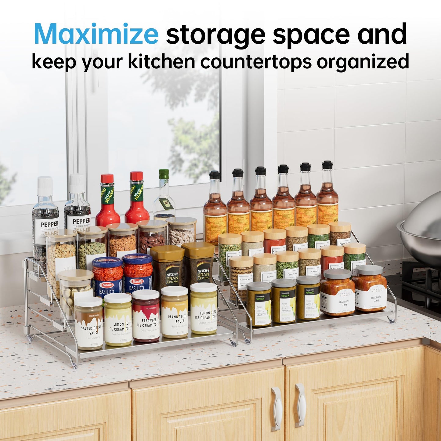 BOIVSHI Heavy Duty Spice Rack for Cabinet, Space Saving 4 Tier Spice Organization for Cabinet, Adjustable Depth Spice Shelf for Cabinet, Counter, Pantry - Chrome, 2 Pack