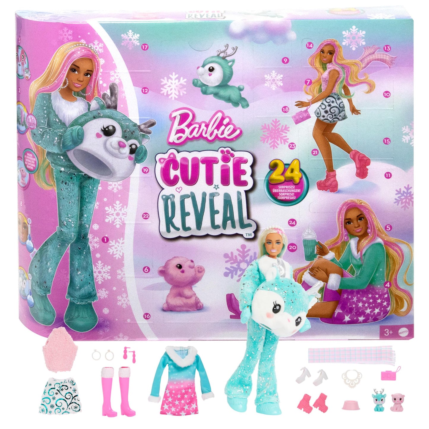 Barbie Cutie Reveal Advent Calendar with Doll & 24 Unboxing Surprises, Holiday Advent Calendar with Color Change, HJX76