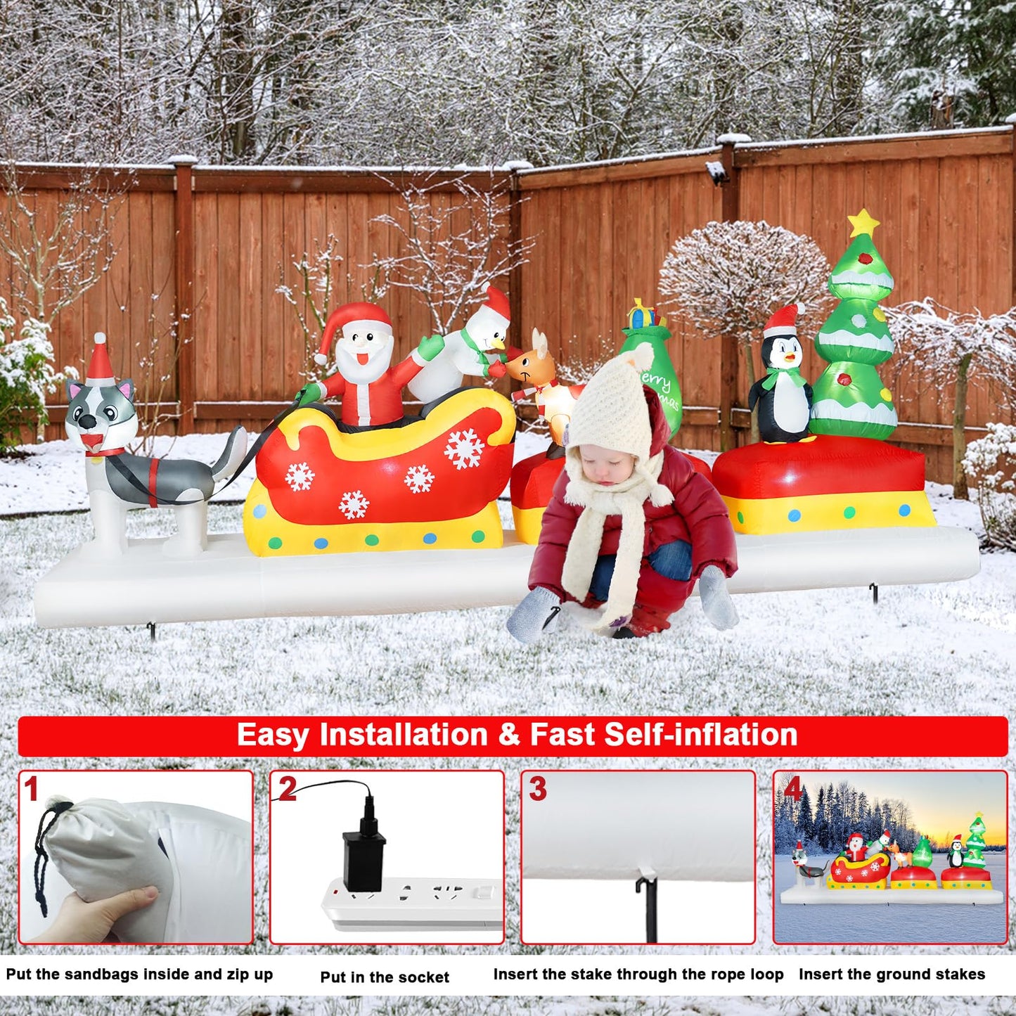 B&D 12FT Long Christmas Inflatables Outdoor Decorations, Inflatable Santa Claus on Dog Sled with Snowman, Penguin, Reindeer Blow up Christmas Decorations Built-in LEDs for Xmas Garden Yard Lawn Roof