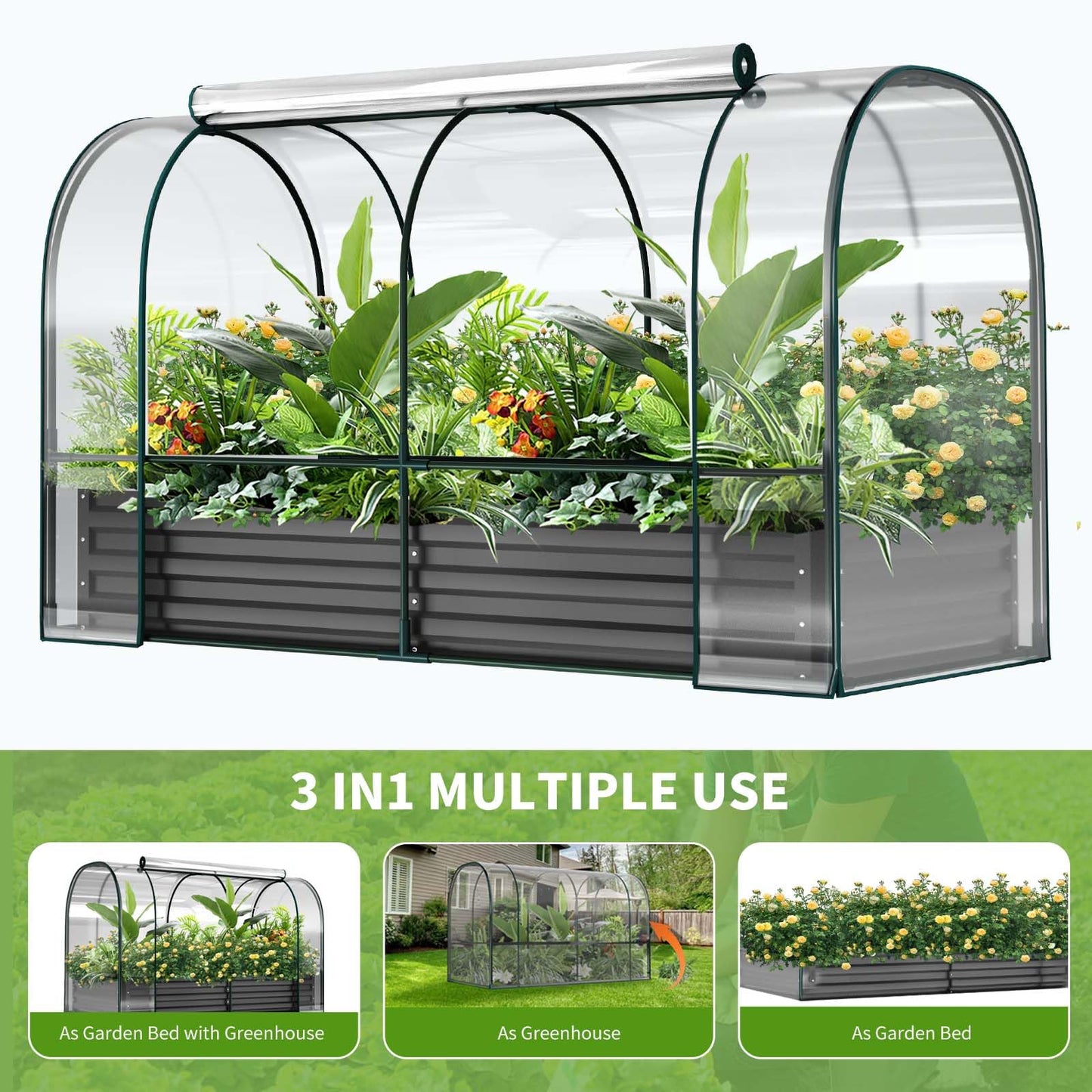 DoCred Galvanized Raised Garden Bed with PVC Cover, 72.8" x 37.4" x 47.2" Metal Planter Bottomless Box w/ Roll-Up Window, Mini Greenhouse Tent for Outdoor Growing Vegetables Flower Fruit