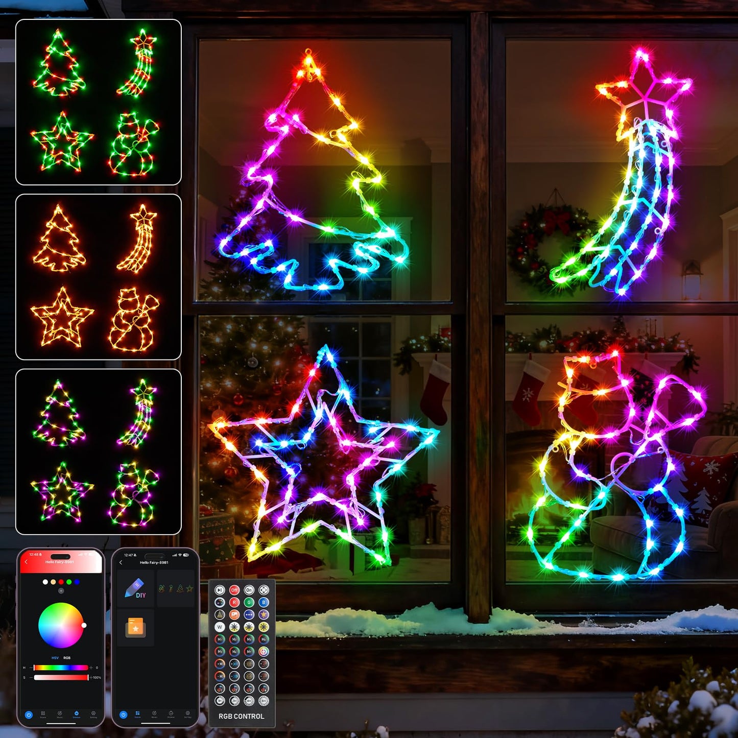 FANCILLUMA 4 Pack Smart Christmas Window Lights, Window Silhouette Lights, Christmas Decorations Indoor,Custom & Preset Modes,APP Control Snowman, Meteor, Christmas Tree, Star for Door Glass