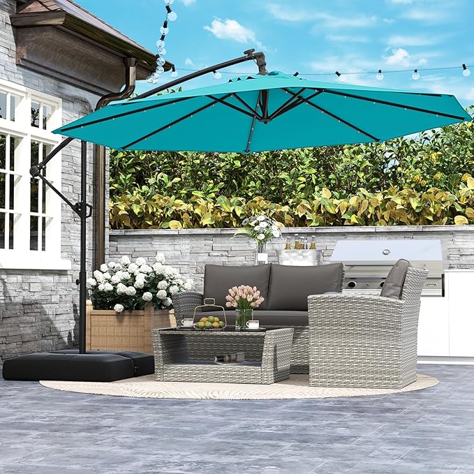 Tangkula 10ft Solar LED Patio Umbrella with Base, Offset Cantilever Outdoor Umbrella with 32 LED Lights, Infinite Tilt, 360 Degree Rotation, Crank Handle for Pool Deck Garden Backyard (Turquoise)