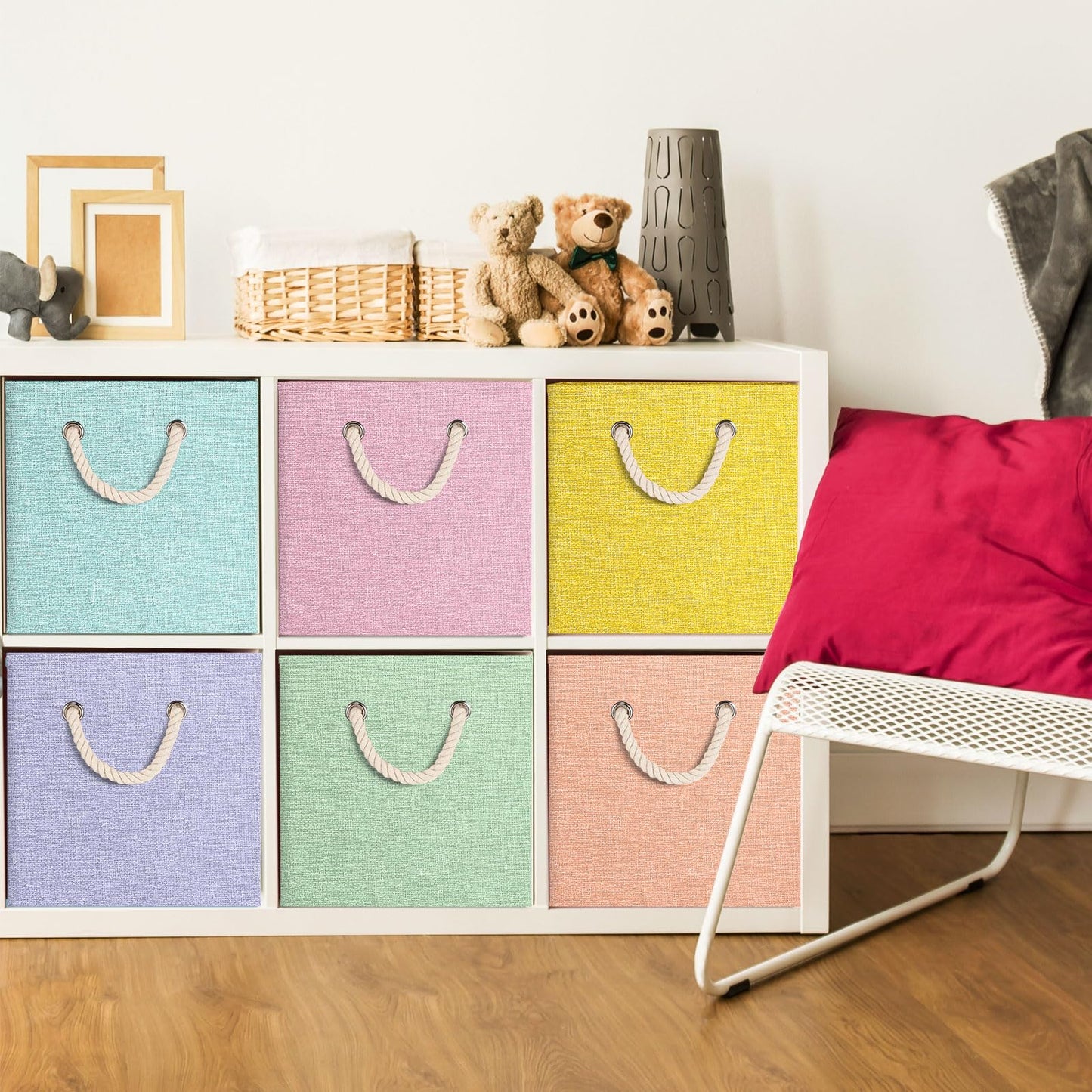 Geelin 6 Pcs Fabric Linen Thickened Storage Cube with Handle 11 Inch Heavy Duty Multi-color Collapsible Sturdy Durable Storage Bin Organizer Box Clothes Shelf Christmas Holiday Festival(Macaron)
