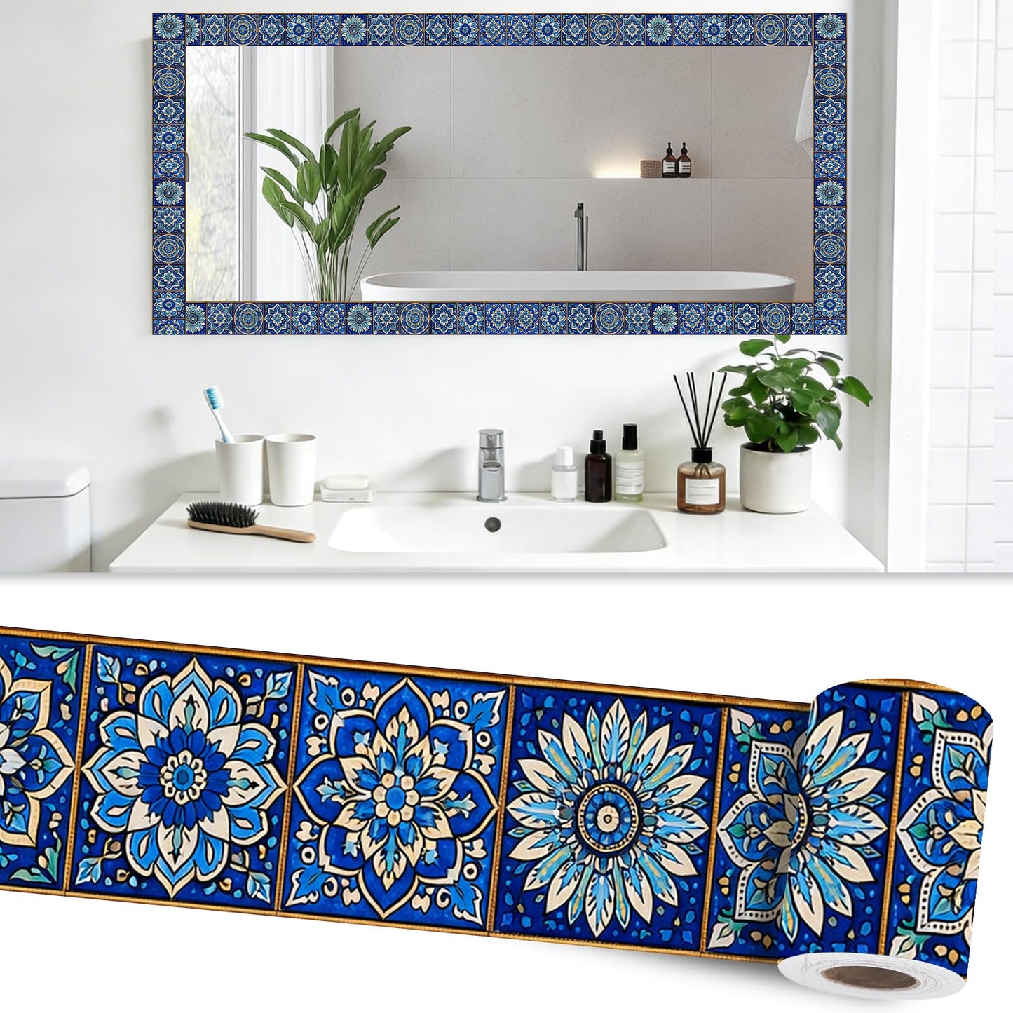 Nuxovilar Wallpaper Border Peel and Stick 3.94x16.4Ft PVC Removable Self-Adhesive Bathroom Kitchen Living Room (Blue White Moroccan Tile Pattern)