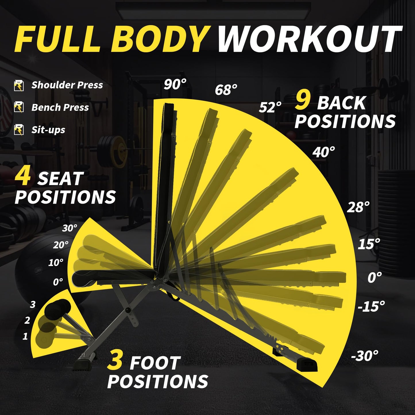 Adjustable Weight Bench,1000 LB Fast Folding Workout Bench for Home Gym Strength Training, Incline Decline Flat Utility Bench Press for Full Body Workout, Upright Storage Yellow Exercise Bench (Grey)