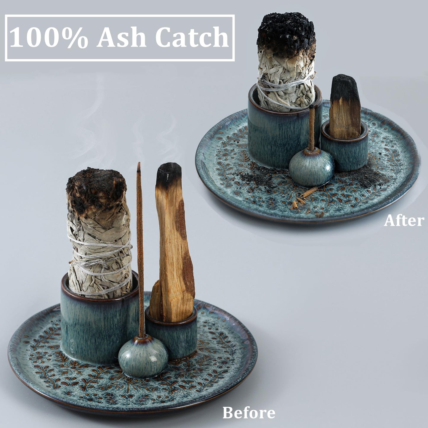 Reyife 5 in 1 Incense Holder Burner, 5.9" Ceramic Holder for Burning Palo Santo Sage Candle and Incense Sticks Cones, Ash Catcher Tray for Meditation Room Home Décor (Bluegrey)