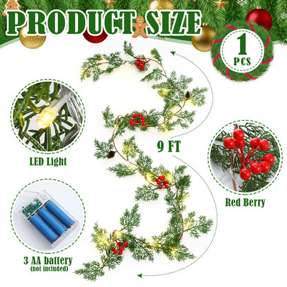Spiareal 1 Pcs 9 ft Christmas Garland with Light Christmas Lighted Pine Garland Prelit Battery Operated Cedar Pine Cone Red Berry Greenery for Mantle Fireplace Decor