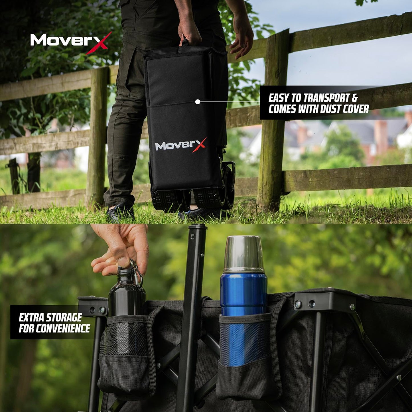 MoverX 200L Festival Trolley on Wheels, Folding Wagon, Portable Camping Cart, Collapsible Foldable Trolly for Beach Outdoor Garden Picnic Shopping Fishing, Wide Wheels, Adjustable Handle, Black