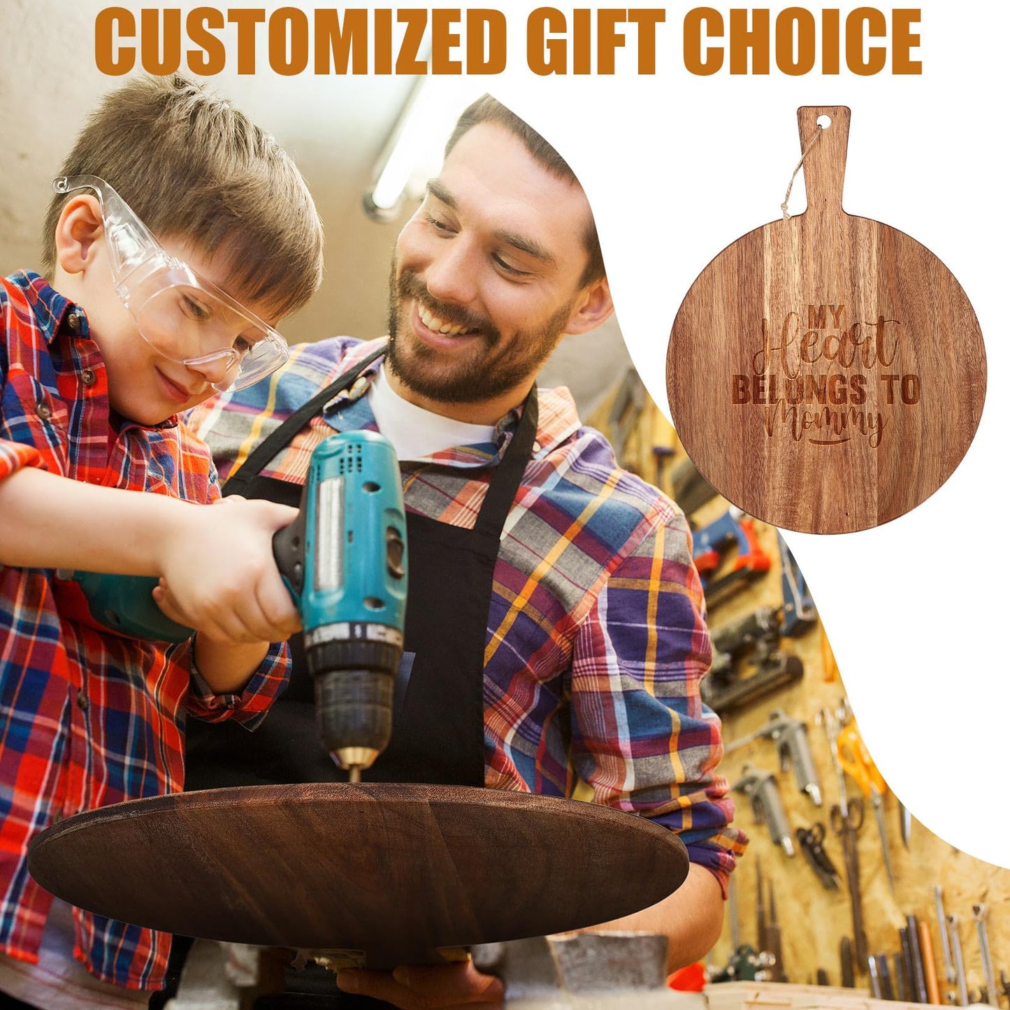 Patelai 12 Piece Round Wood Cutting Board with Handle Bulk Pizza Peel Laser Engraving Serving Charcuterie Cheese Bread Cutting Board Bulk Gifts for DIY Christmas Housewarming(Acacia Wood,13 Inch)