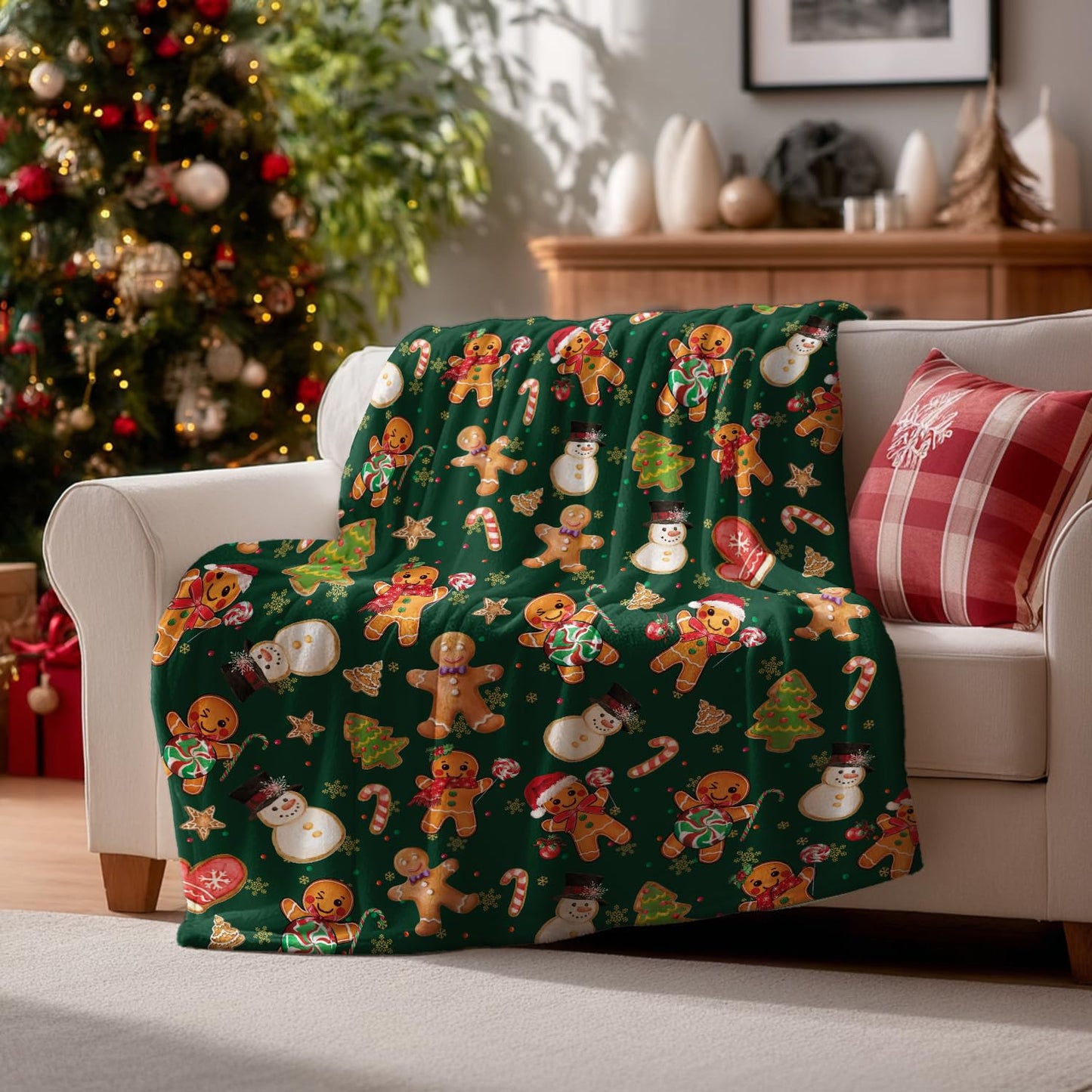 Horaldaily Christmas Flannel Blanket Throw, Green Gingerbread Man Christmas Bear Soft Fuzzy Plush Cozy Fleece Blankets for Couch Sofa Bed Decor, Ideal Gifts for Kids Adults, 50x60