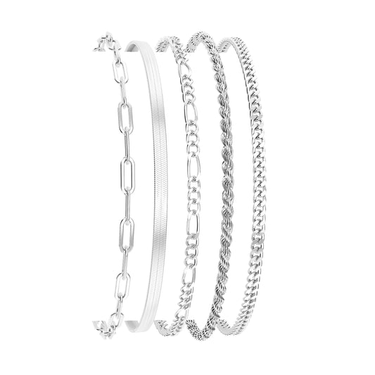 DEARMAY Silver Plated Bracelets for Women Dainty Silver Jewelry Sets for Trendy Stackable Paperclip Rope Snake Box Figaro Chain Bracelets Pack Costume Fashion Gifts for Womens