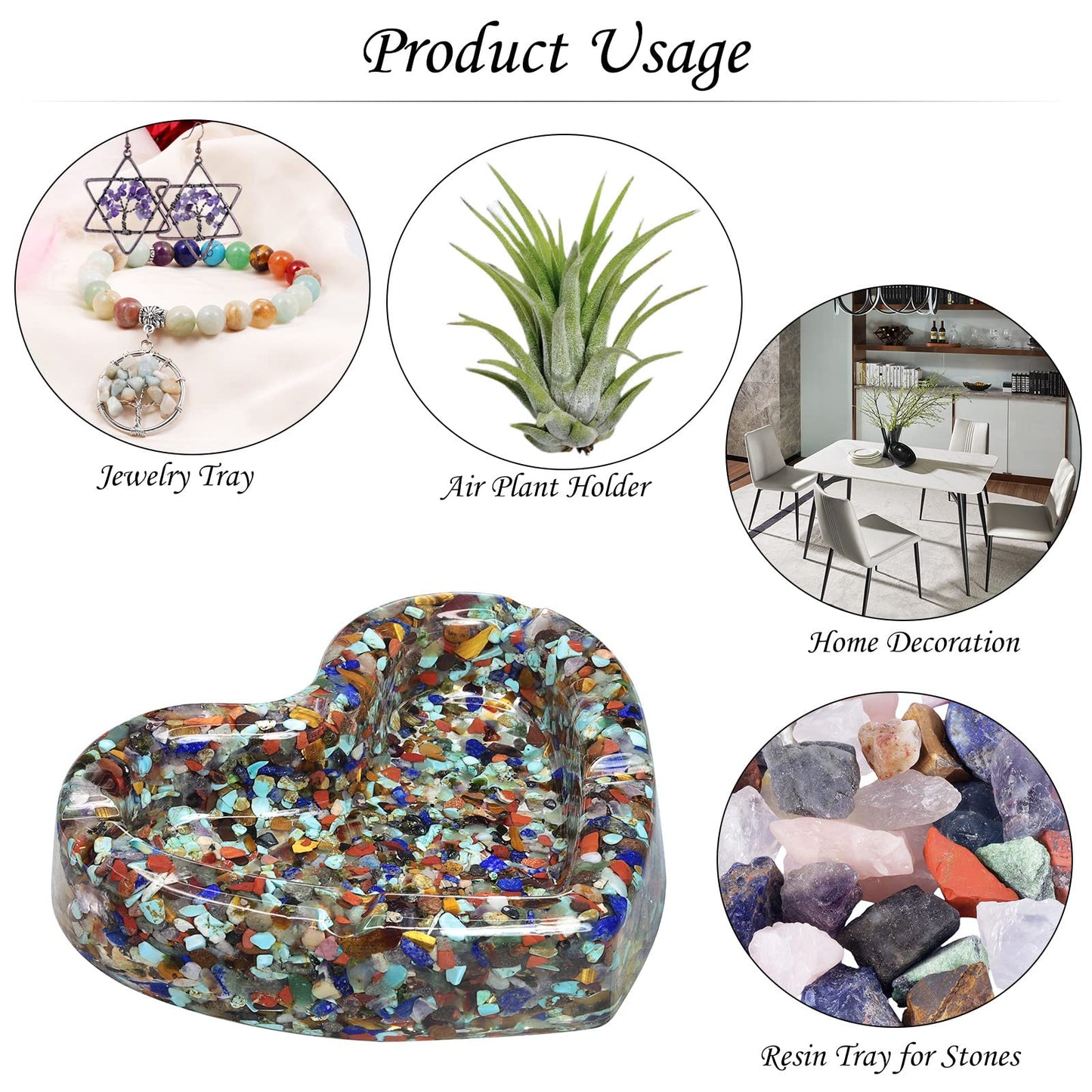 Rockcloud 4.8" Heart Shape Tumbled Chip Stone Tray with Resin, Jewelry Tray Crystal Dish for Home Office Tabletop Decoration Air Plant Holder, Mixed Stone